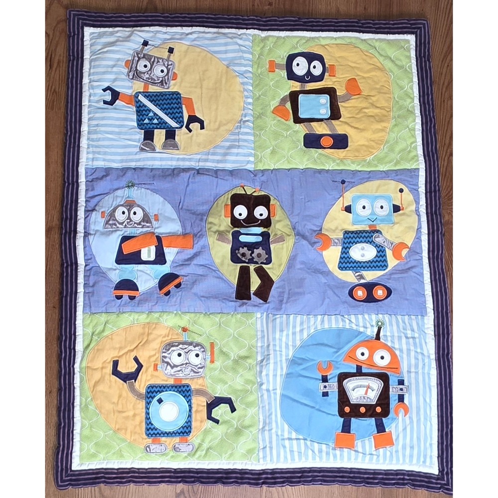 Lambs & Ivy Robot Quilt & Diaper Stacker Set Kids Blue Green Applique Decor Baby
